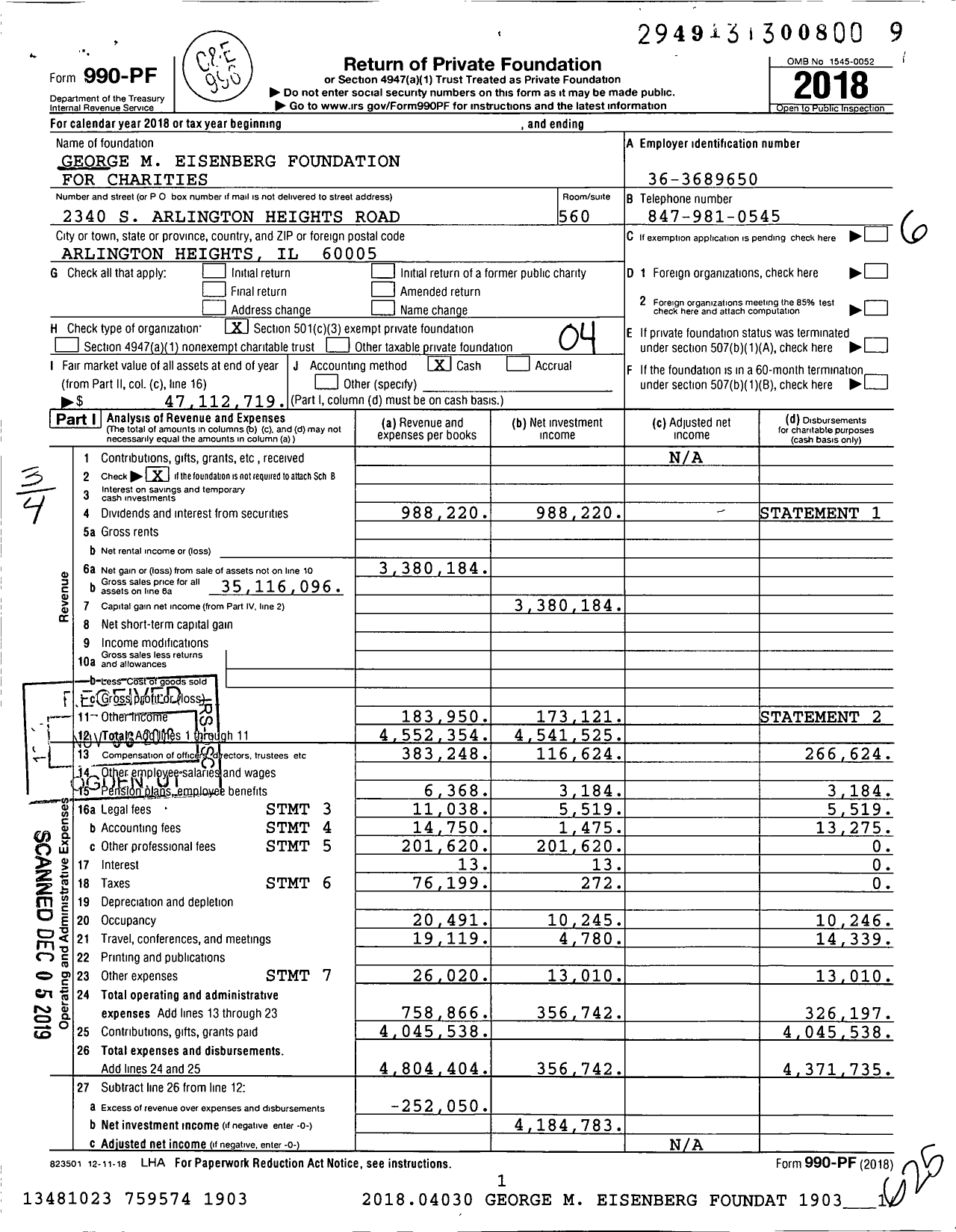 Image of first page of 2018 Form 990PF for George M Eisenberg Foundation for Charities