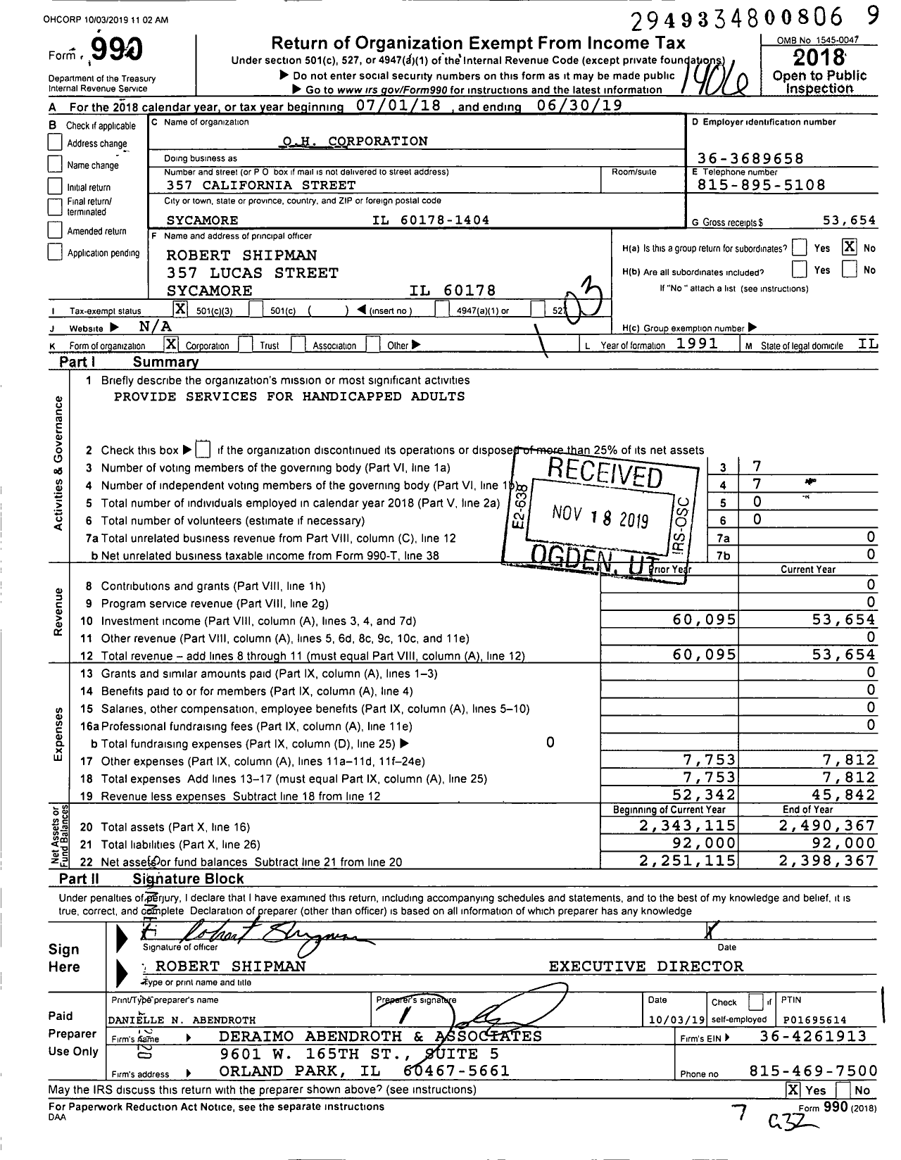 Image of first page of 2018 Form 990 for Oh Corporation