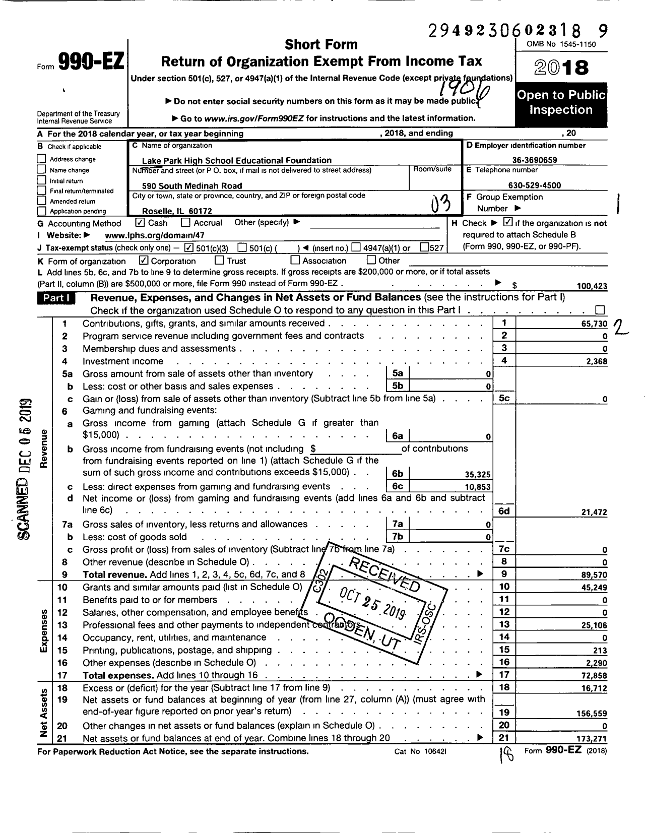 Image of first page of 2018 Form 990EZ for Lake Park High School Educational Foundation