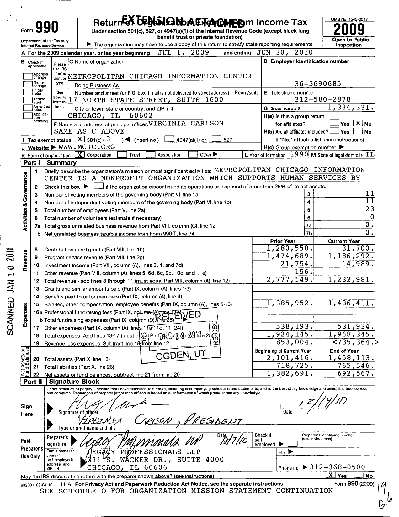 Image of first page of 2009 Form 990 for Metropolitan Chicago Information Center