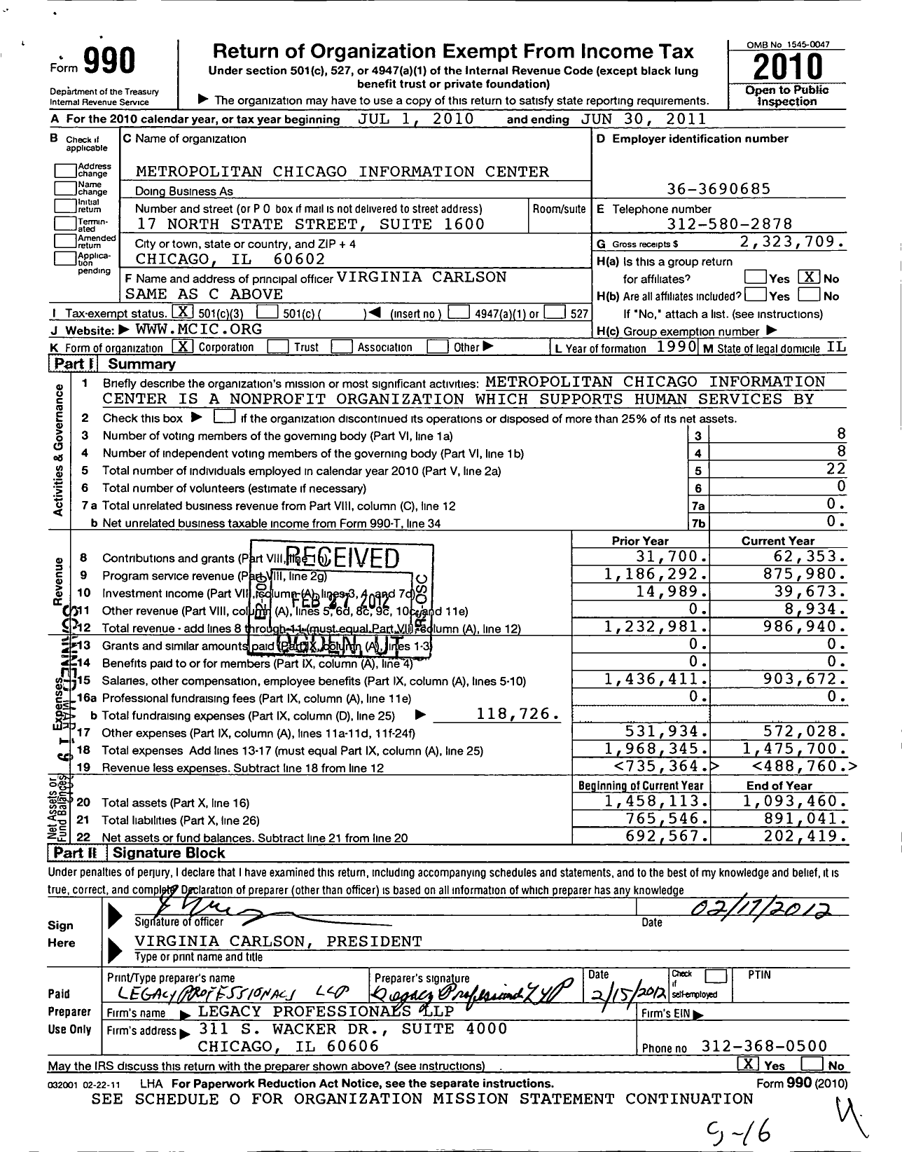 Image of first page of 2010 Form 990 for Metropolitan Chicago Information Center