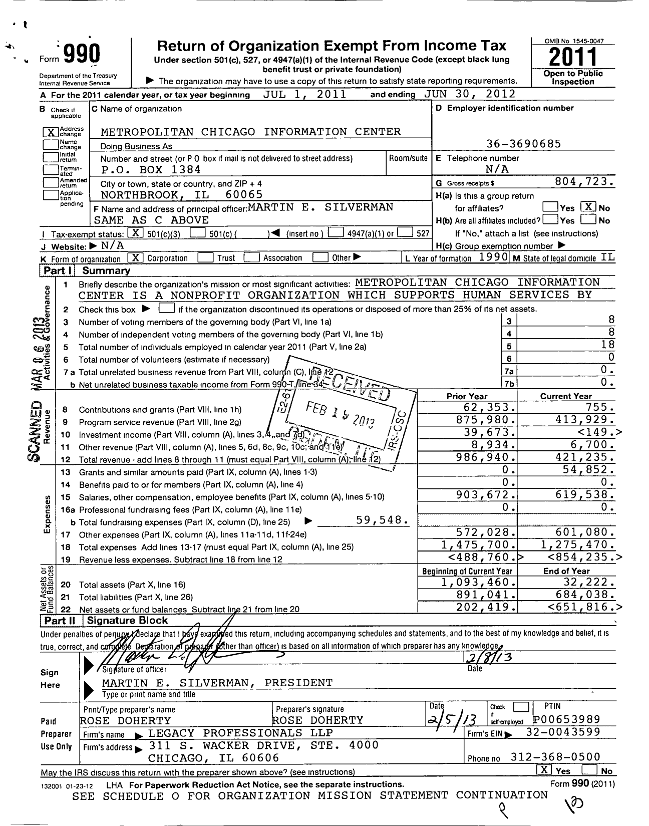 Image of first page of 2011 Form 990 for Metropolitan Chicago Information Center