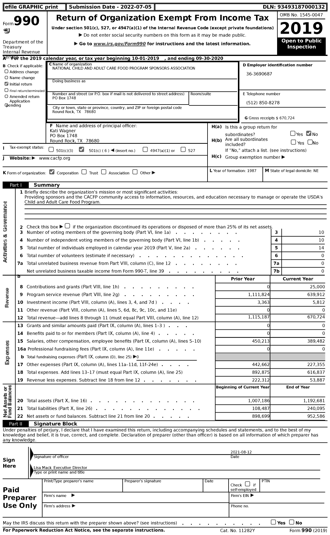 Image of first page of 2019 Form 990 for National Child and Adult Care Food Program Sponsors Association