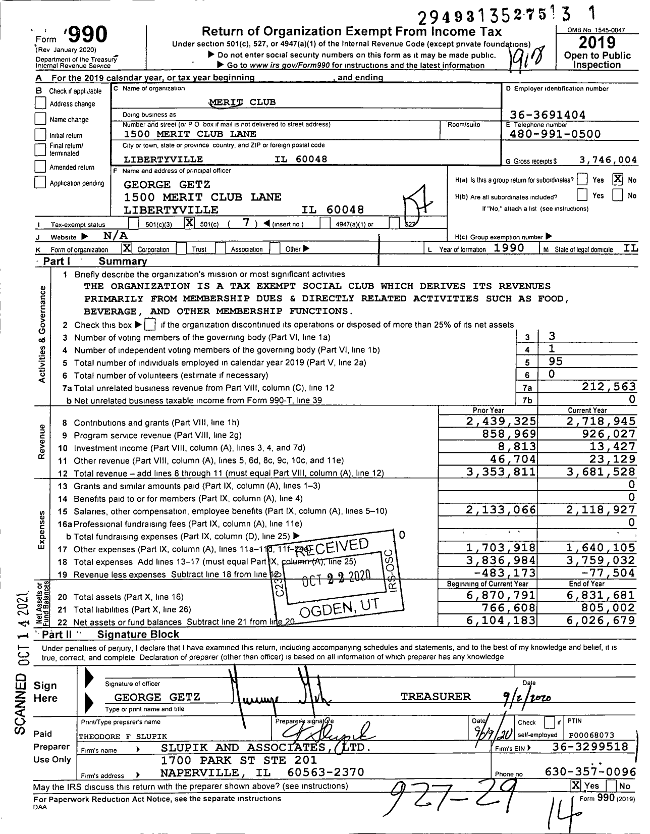 Image of first page of 2019 Form 990O for Merit Club