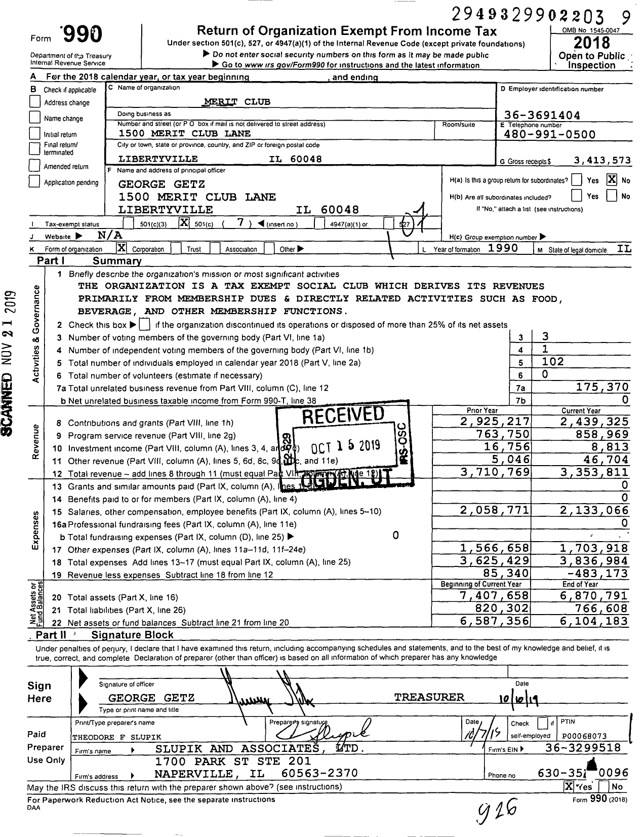 Image of first page of 2018 Form 990O for Merit Club