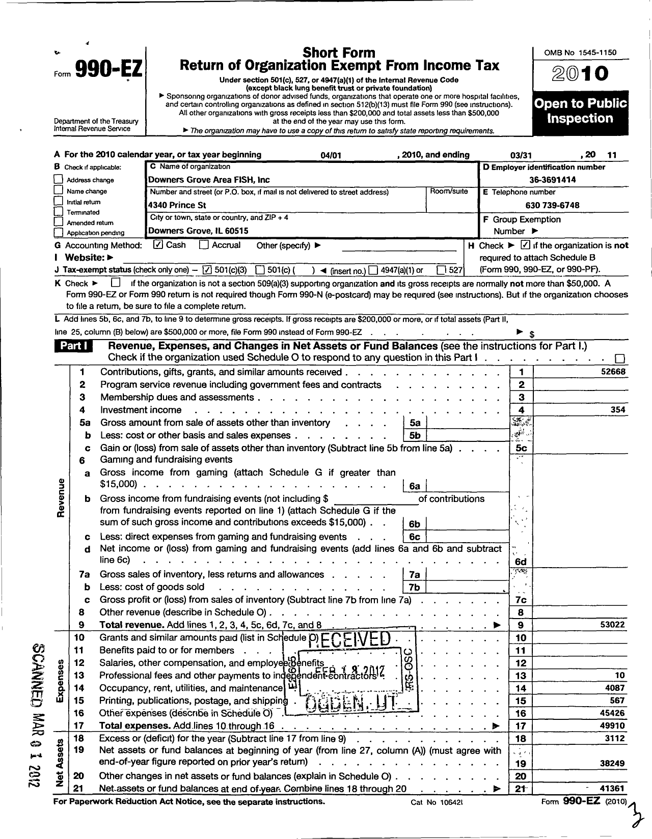 Image of first page of 2010 Form 990EZ for Downers Grove Area Fish