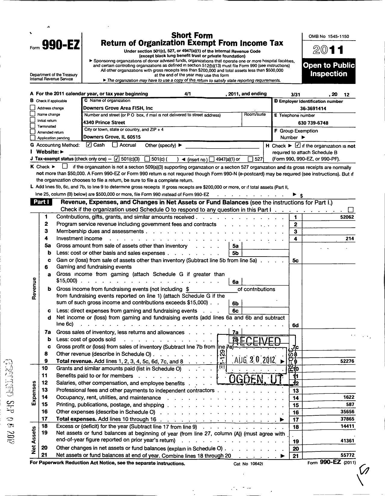 Image of first page of 2011 Form 990EZ for Downers Grove Area Fish