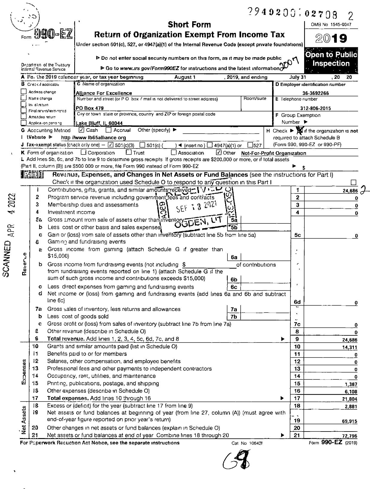 Image of first page of 2019 Form 990EZ for Alliance for Excellence