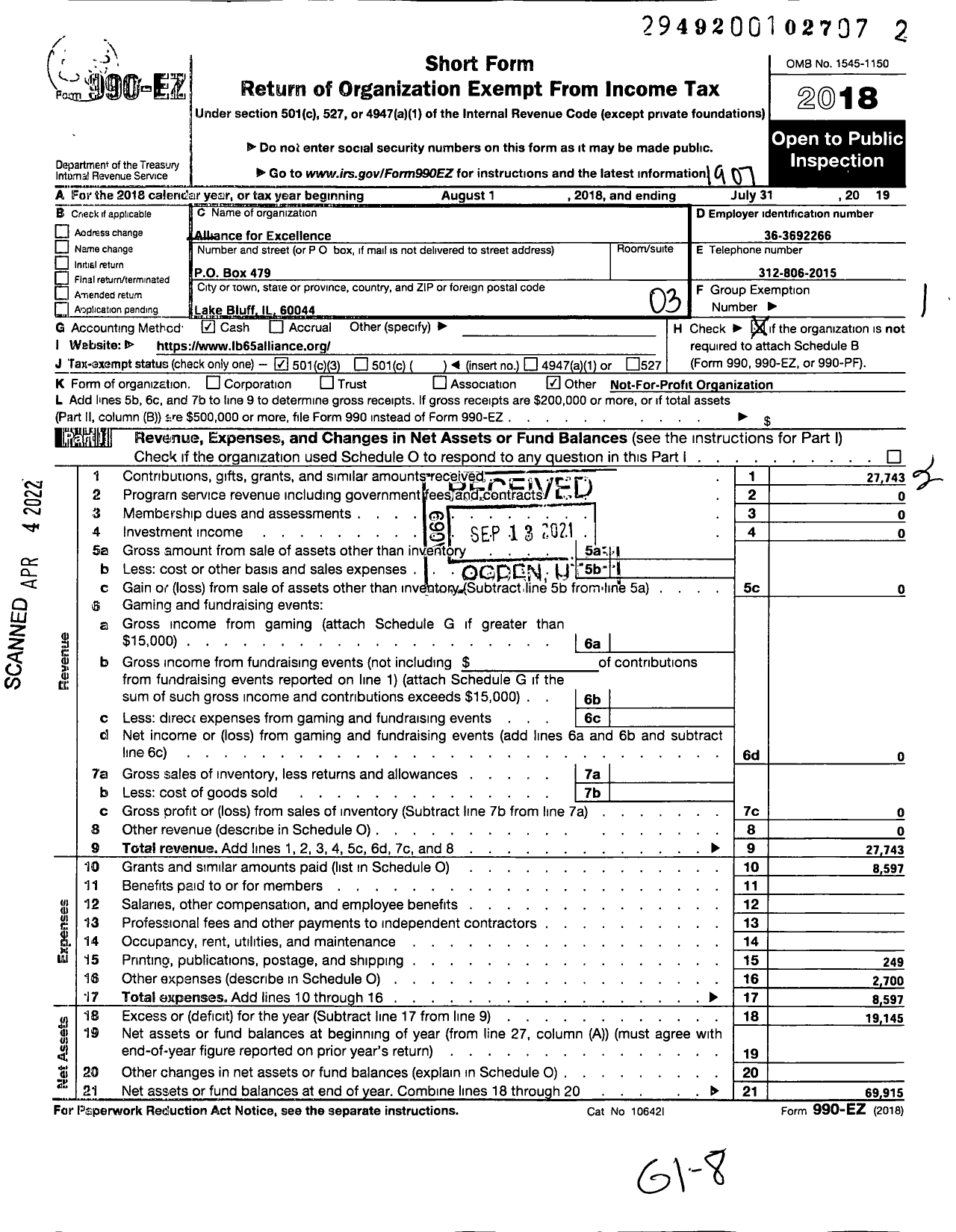 Image of first page of 2018 Form 990EZ for Alliance for Excellence