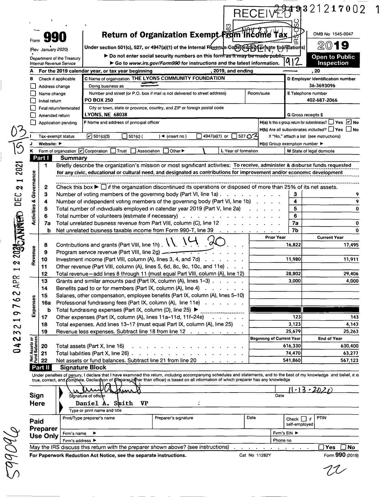 Image of first page of 2019 Form 990 for Lyons Community Foundation