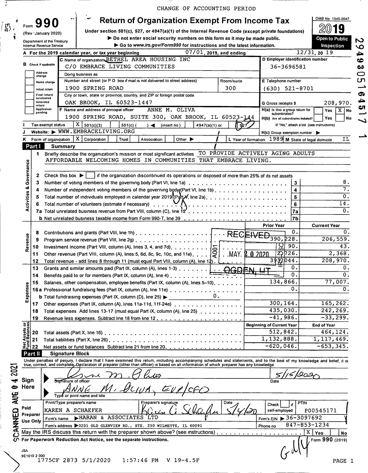 Image of first page of 2019 Form 990 for Bethel Area Housing