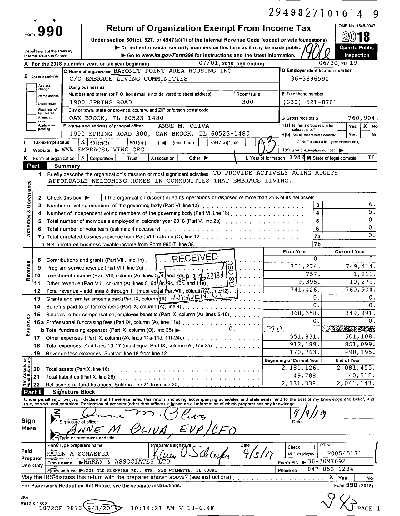 Image of first page of 2018 Form 990 for Bayonet Point Area Housing