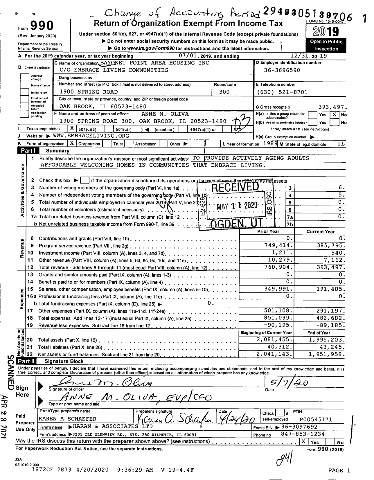 Image of first page of 2019 Form 990 for Bayonet Point Area Housing