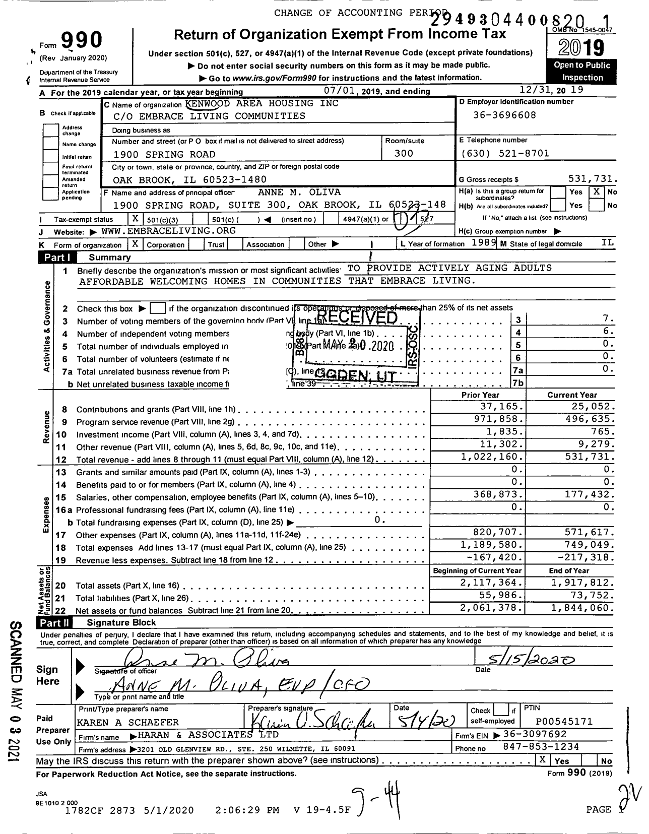 Image of first page of 2019 Form 990 for Kenwood Area Housing