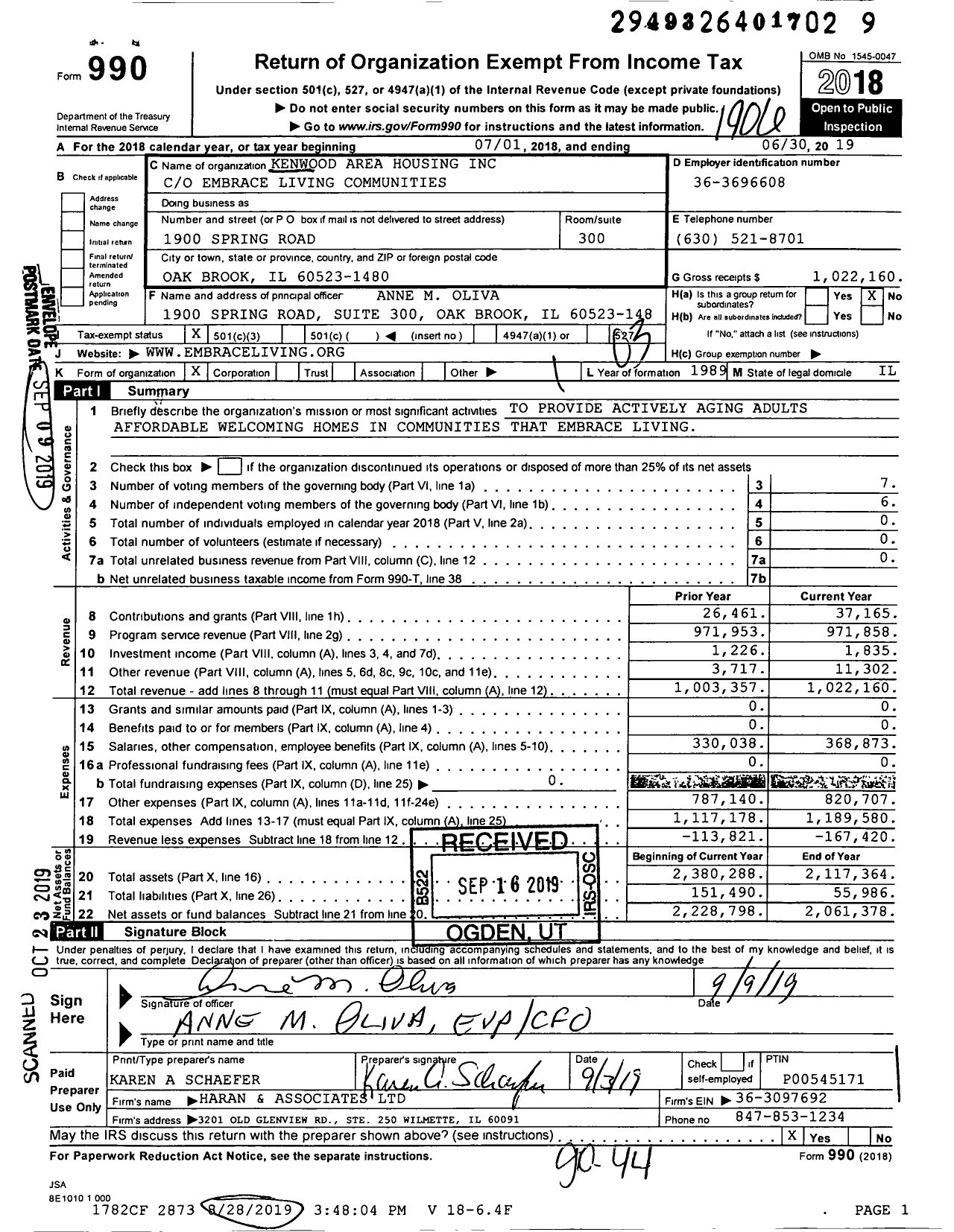 Image of first page of 2018 Form 990 for Kenwood Area Housing