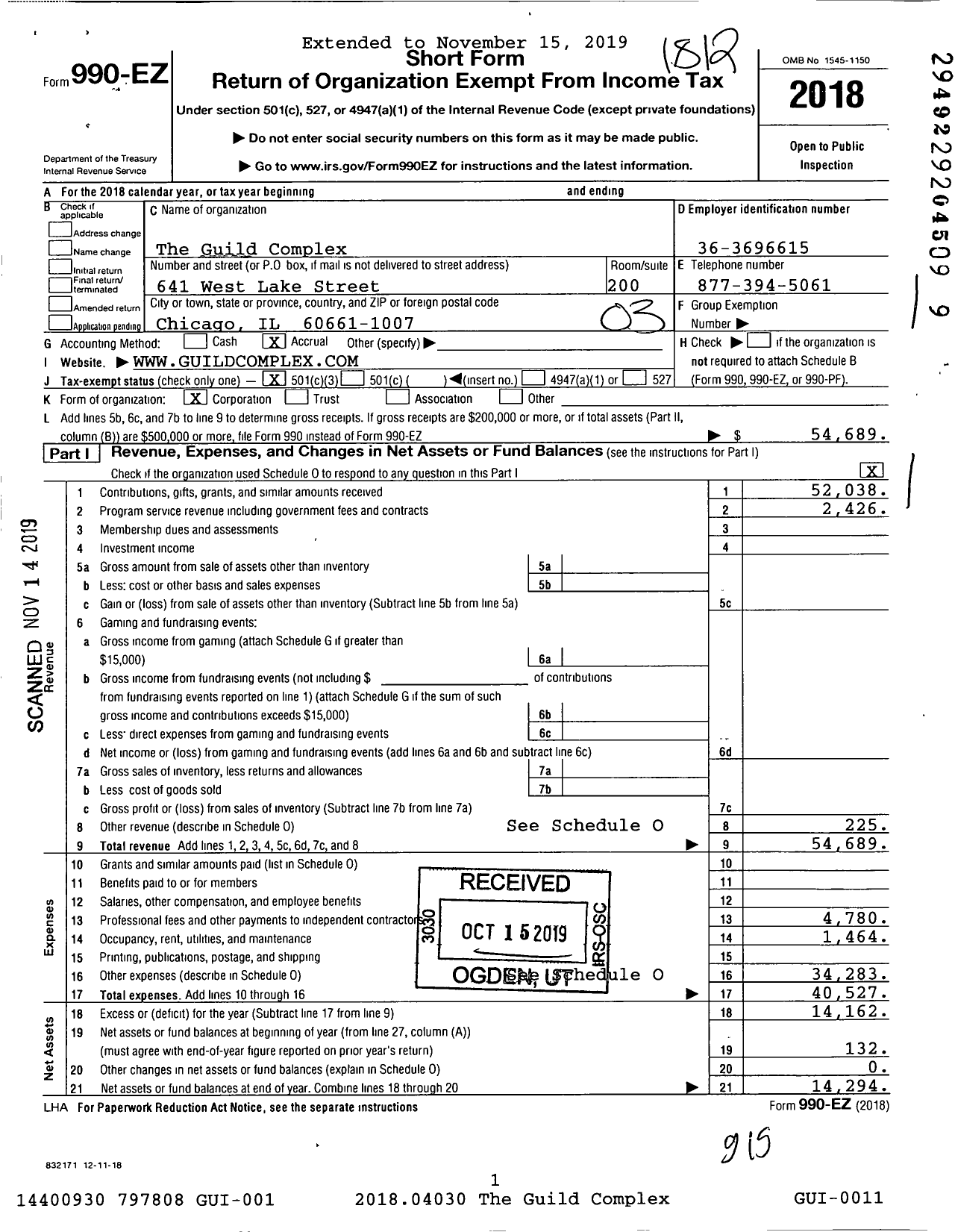 Image of first page of 2018 Form 990EZ for The Guild Complex