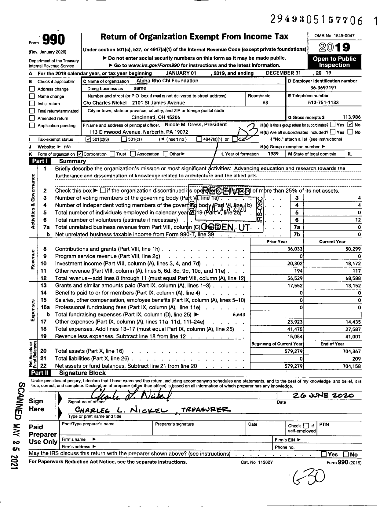 Image of first page of 2019 Form 990 for Alpha Rho Chi Foundation