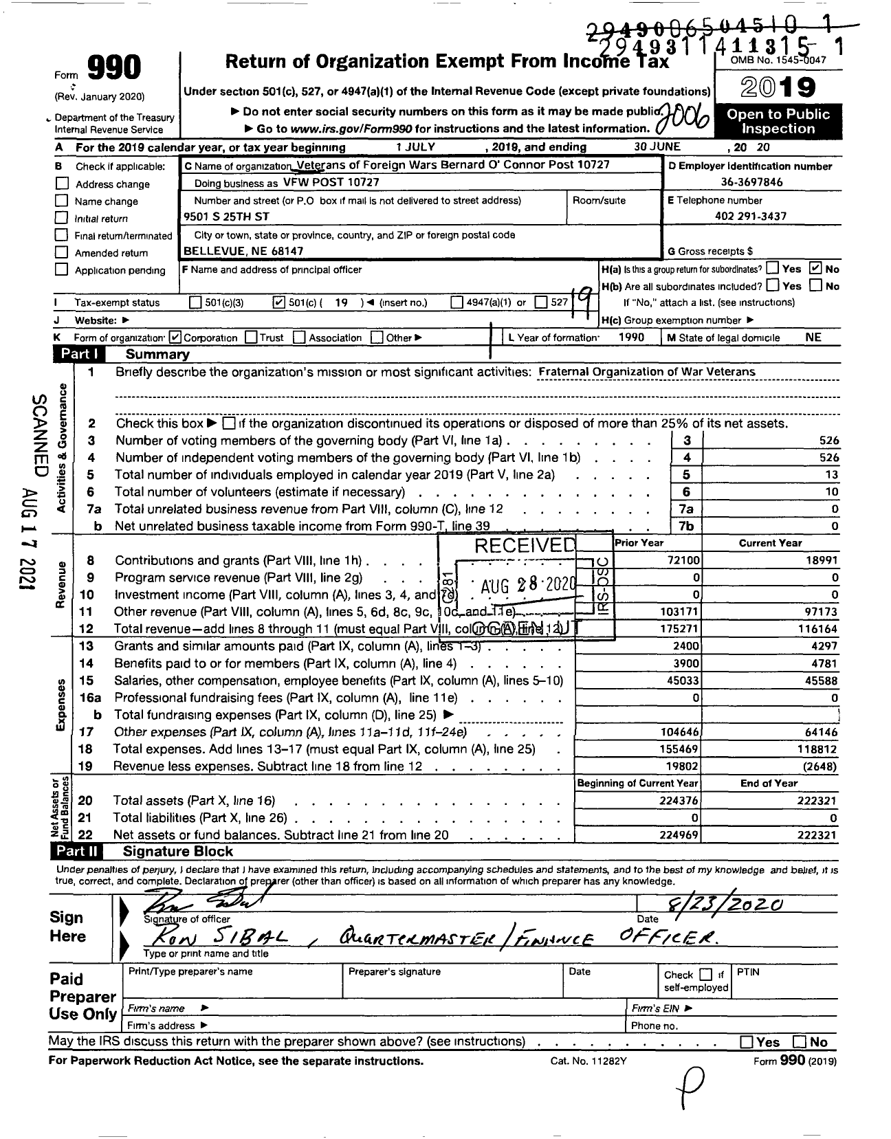Image of first page of 2019 Form 990O for Veterans of Foreign Wars of the U S Department of Nebraska - 10727 Bernard Oconnor Post