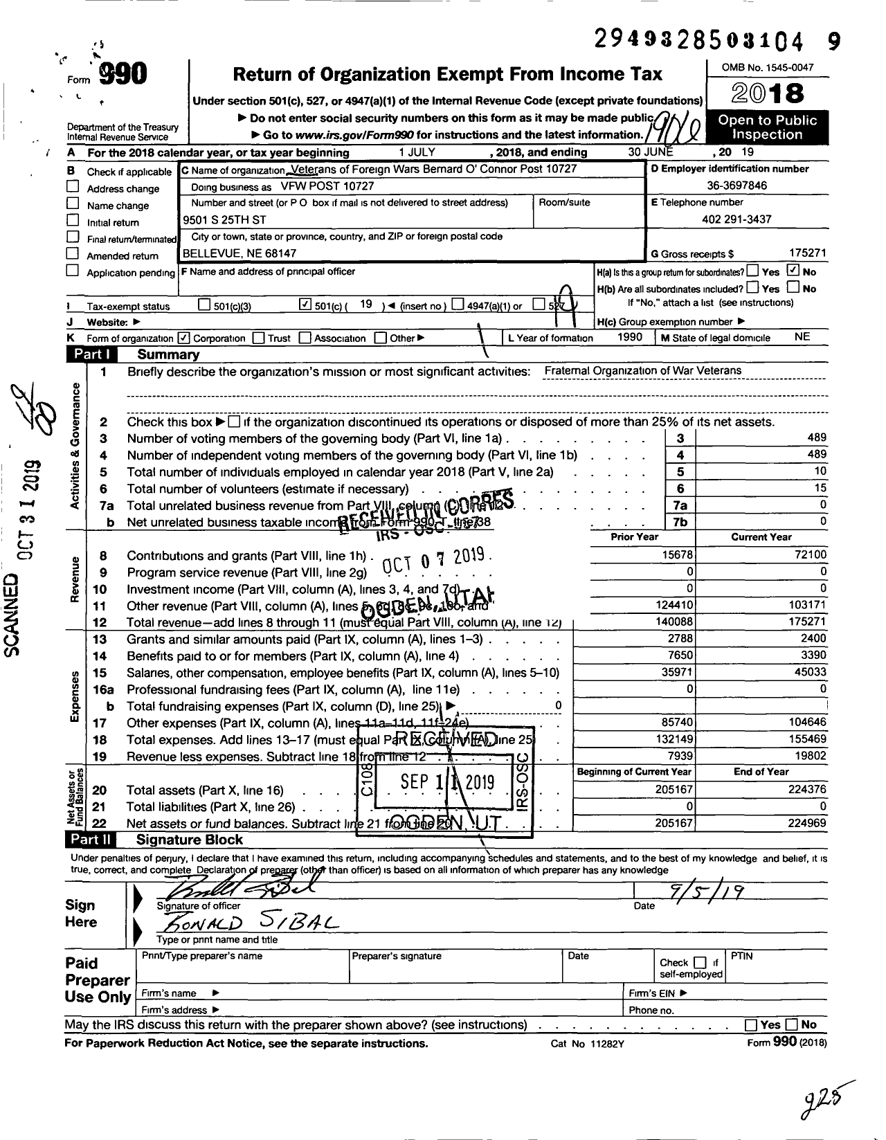 Image of first page of 2018 Form 990O for Veterans of Foreign Wars of the U S Department of Nebraska - 10727 Bernard Oconnor Post
