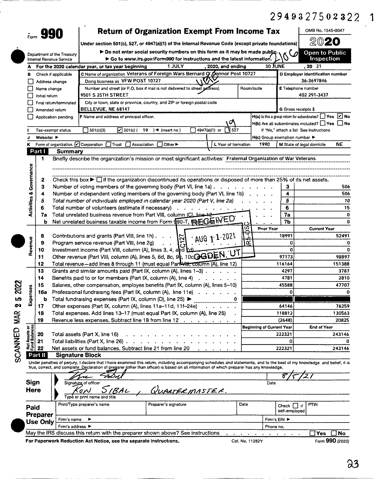 Image of first page of 2020 Form 990O for Veterans of Foreign Wars of the U S Department of Nebraska - 10727 Bernard Oconnor Post