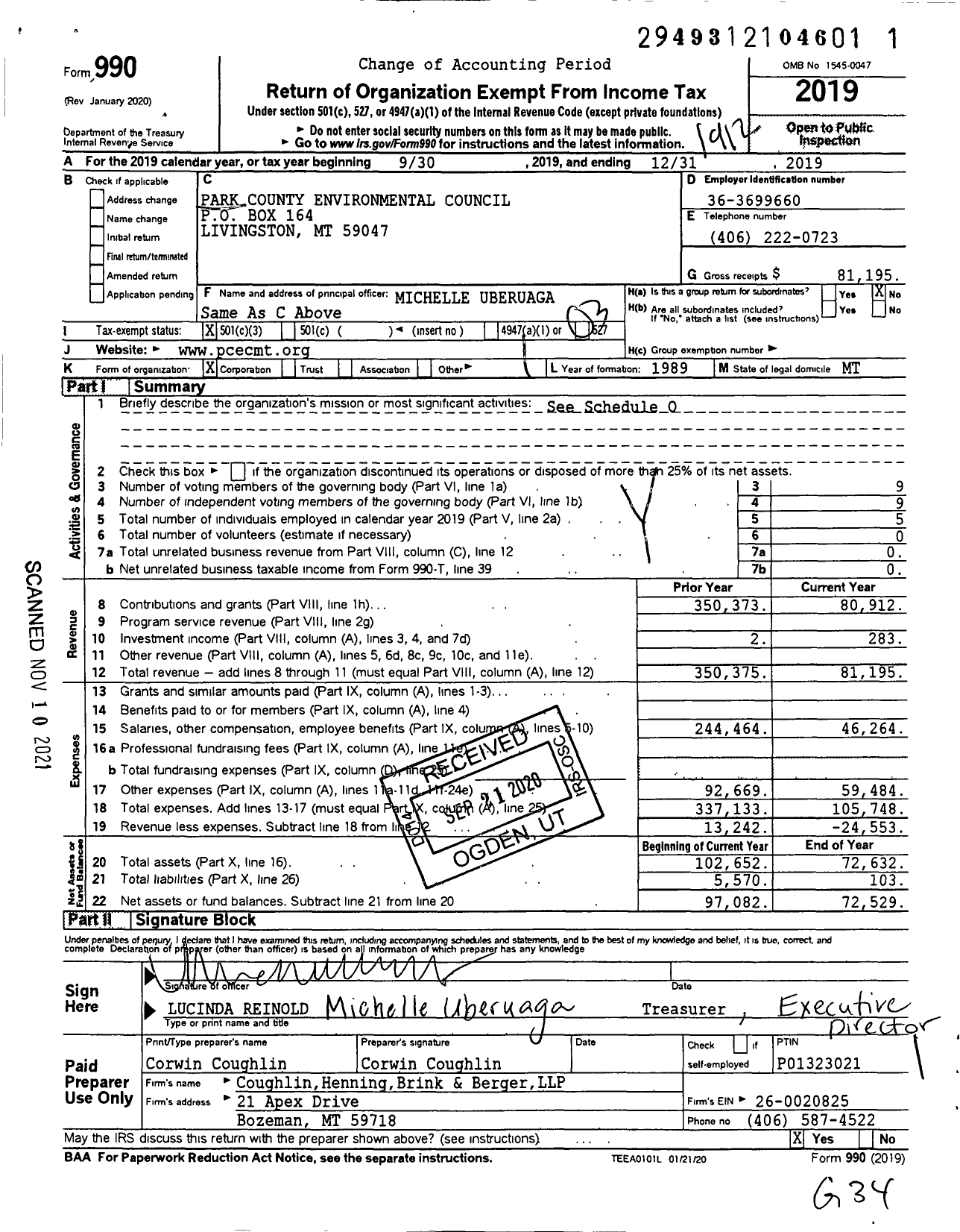 Image of first page of 2019 Form 990 for Park County Environmental Council