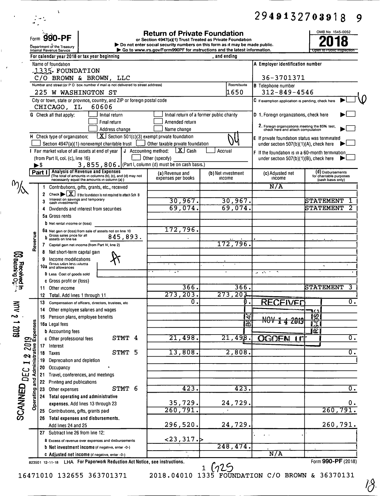 Image of first page of 2018 Form 990PF for 1335 Foundation