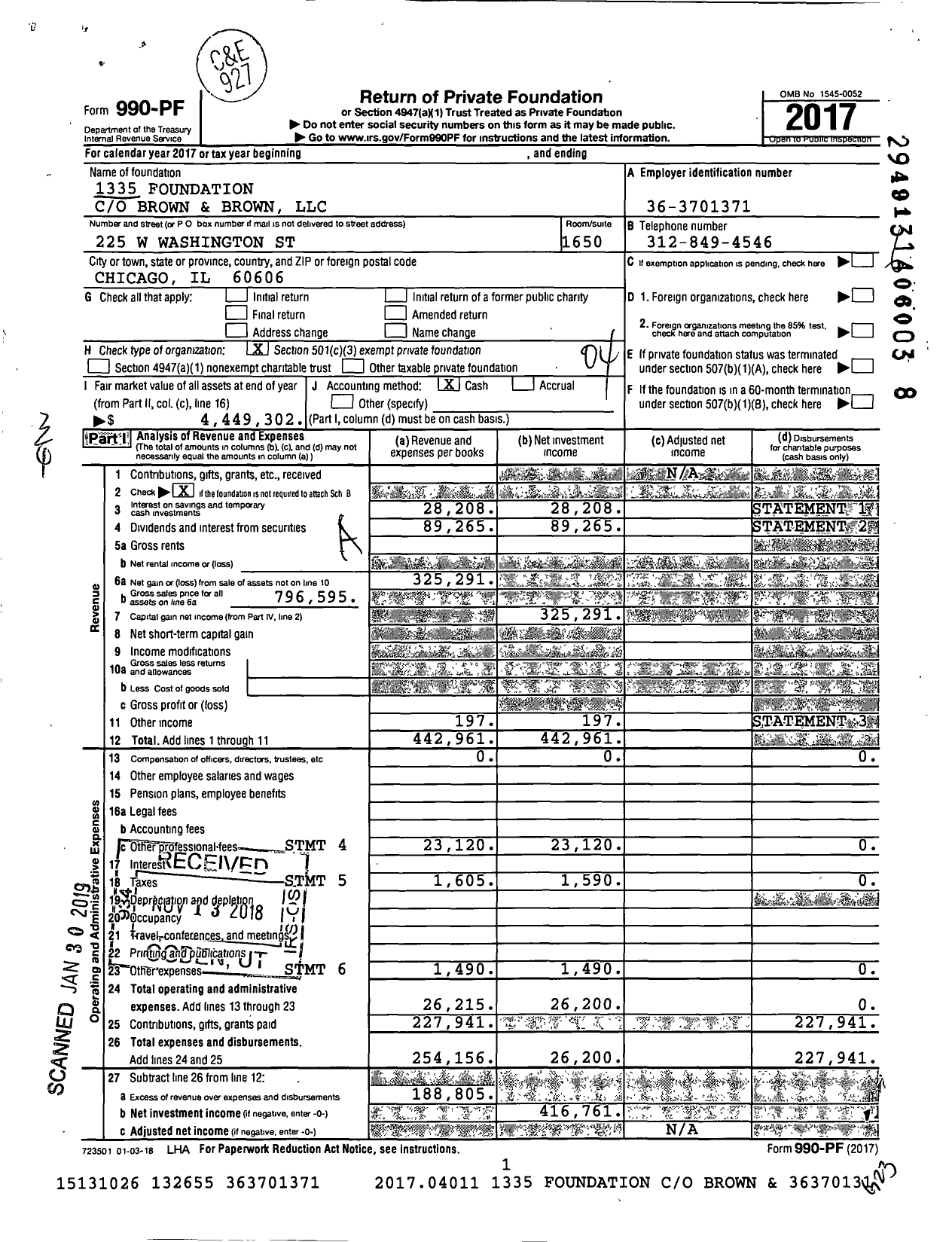 Image of first page of 2017 Form 990PF for 1335 Foundation