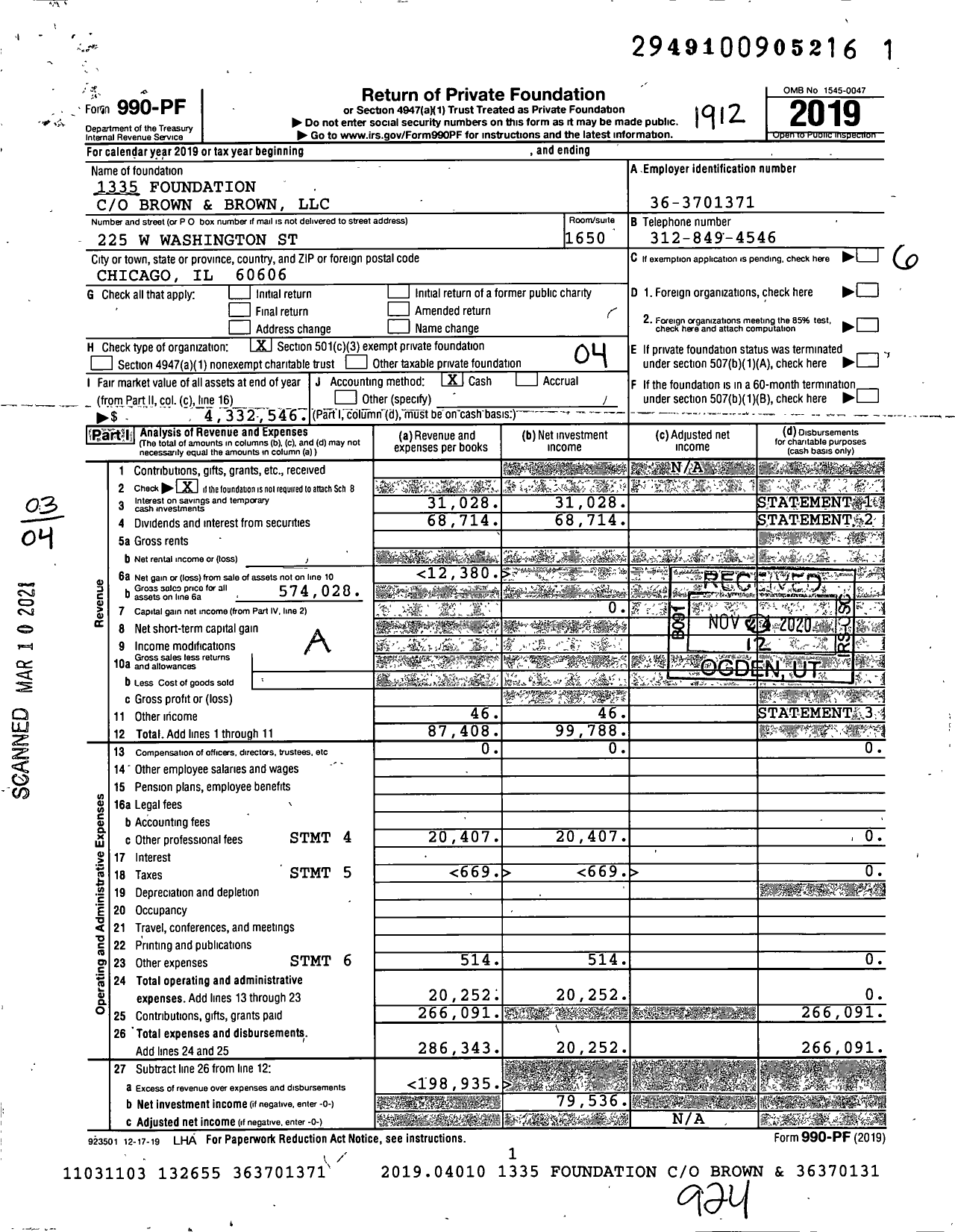 Image of first page of 2019 Form 990PF for 1335 Foundation