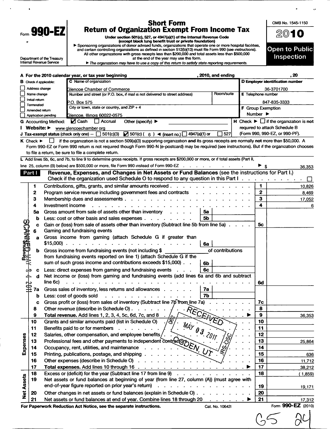 Image of first page of 2010 Form 990EO for Glencoe Chamber of Commerce