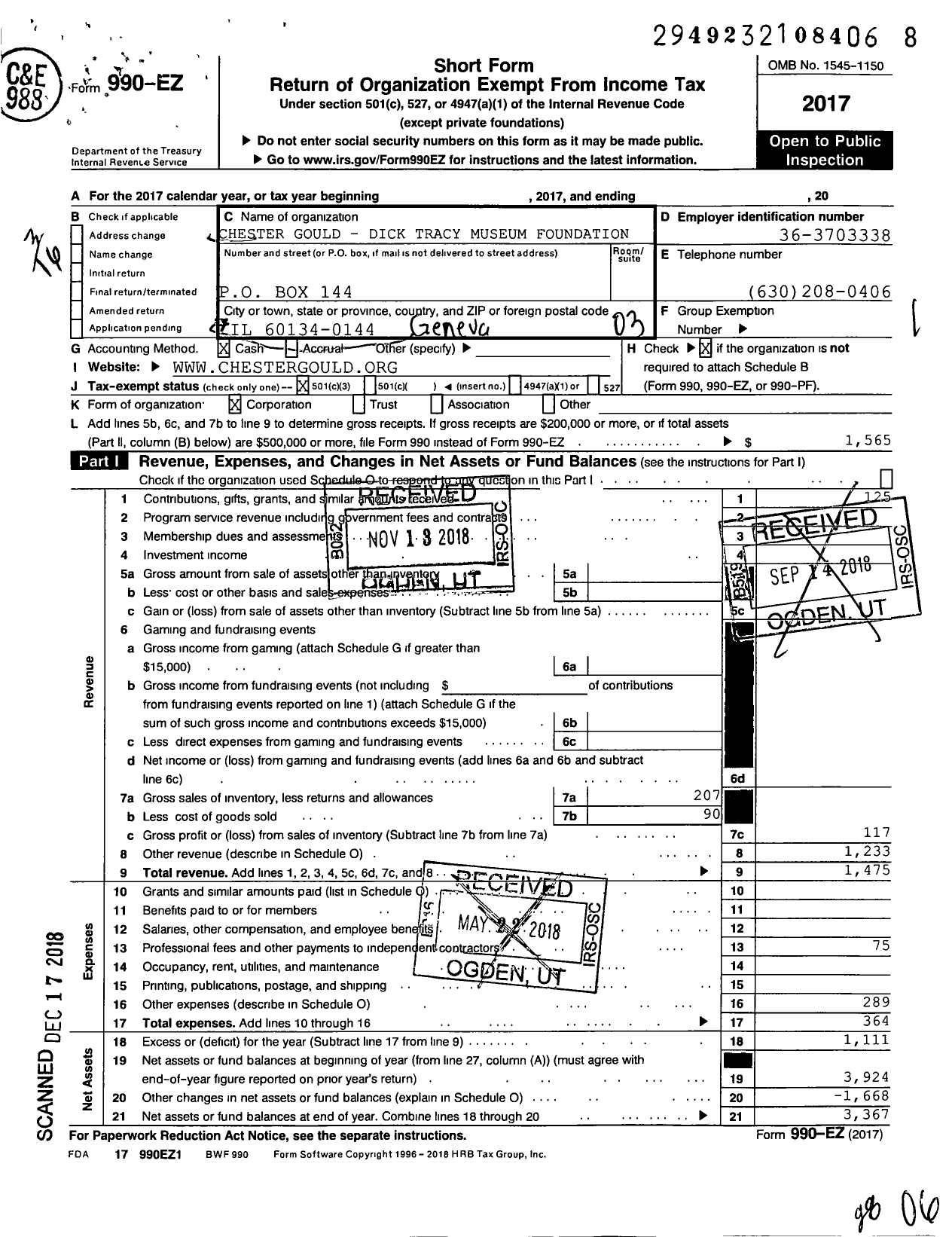 Image of first page of 2017 Form 990EZ for Chester Gould Dick Tracy Museum Foundation