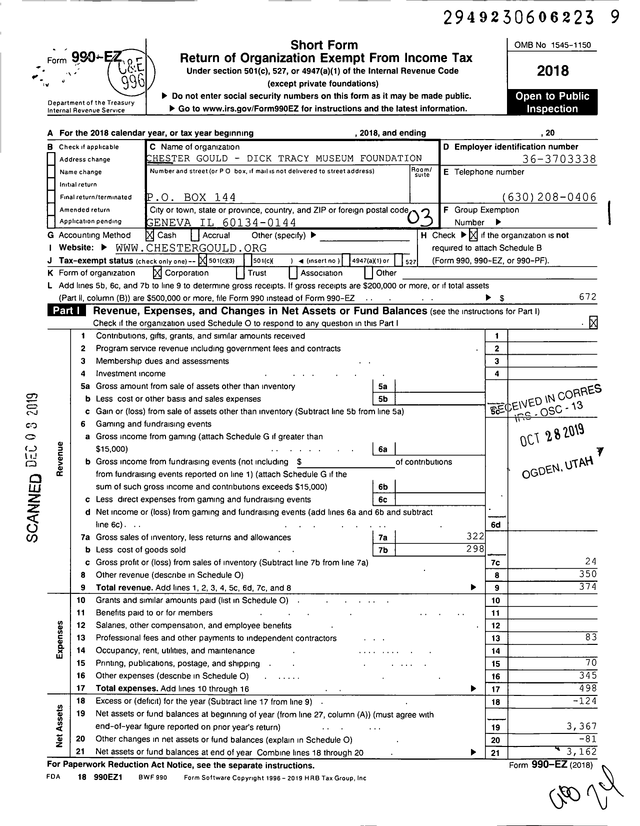 Image of first page of 2018 Form 990EZ for Chester Gould Dick Tracy Museum Foundation