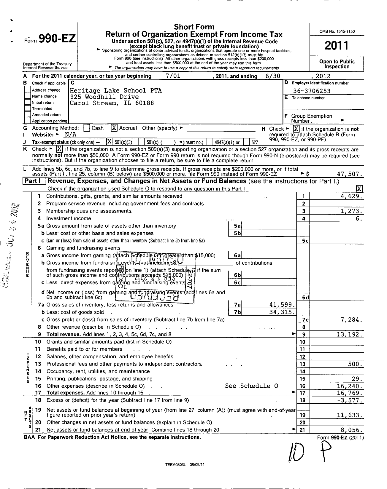 Image of first page of 2011 Form 990EZ for Illinois PTA - Heritage Lakes PTA