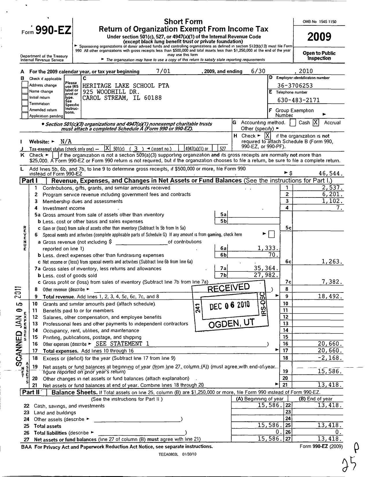 Image of first page of 2009 Form 990EZ for Illinois PTA - Heritage Lakes PTA