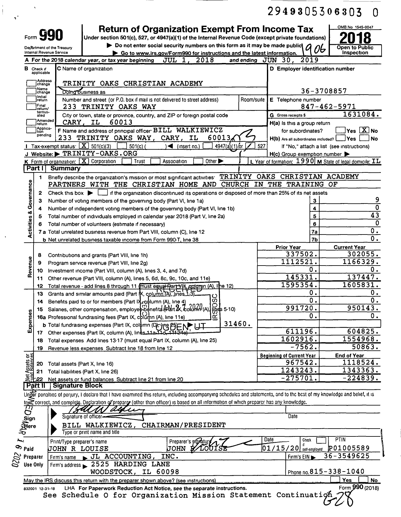 Image of first page of 2018 Form 990 for Trinity Oaks Christian Academy