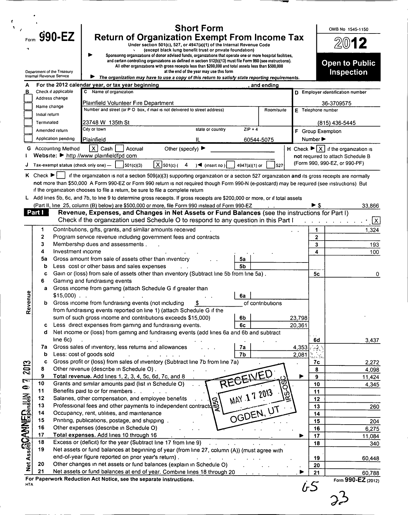 Image of first page of 2012 Form 990EO for Plainfield Volunteer Fire Department