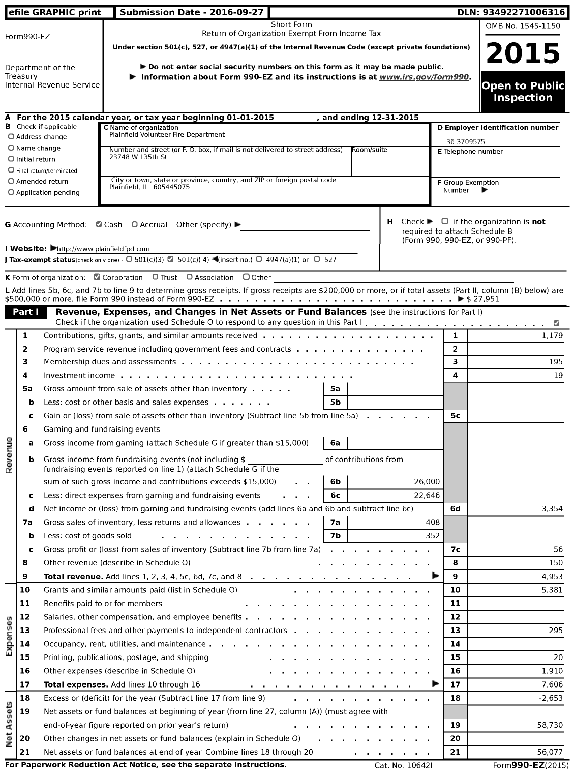 Image of first page of 2015 Form 990EZ for Plainfield Volunteer Fire Department