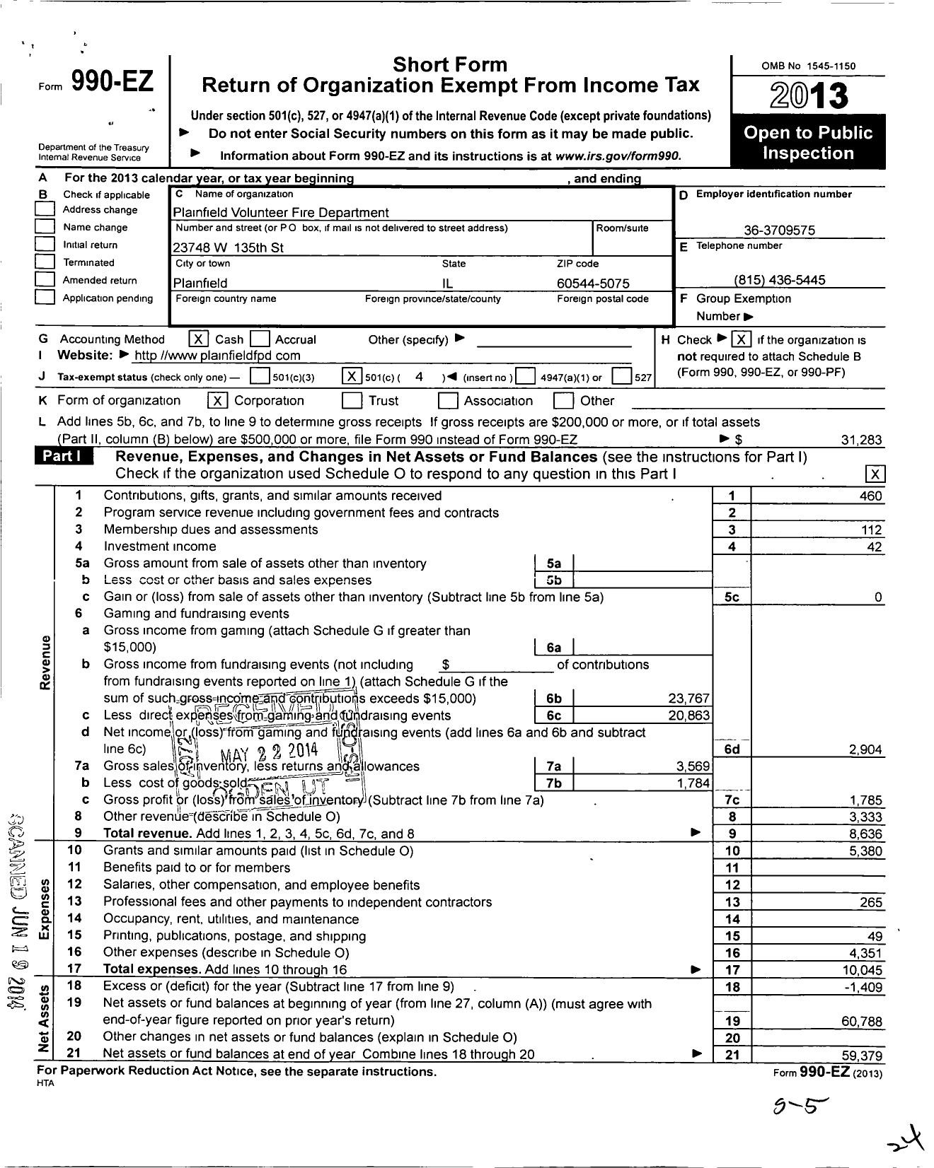 Image of first page of 2013 Form 990EO for Plainfield Volunteer Fire Department