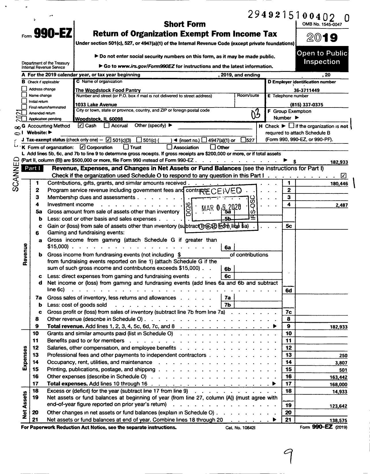 Image of first page of 2019 Form 990EZ for Woodstock Food Pantry