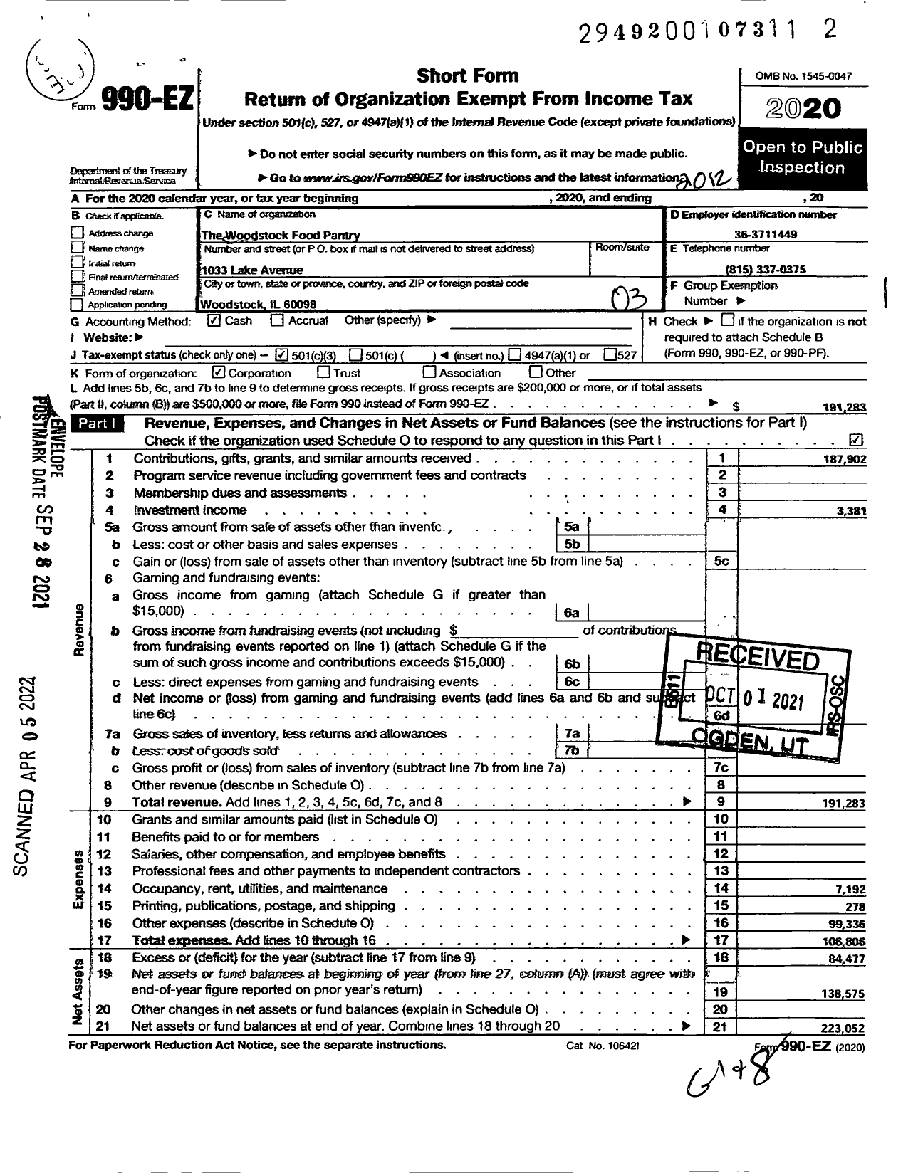 Image of first page of 2020 Form 990EZ for Woodstock Food Pantry