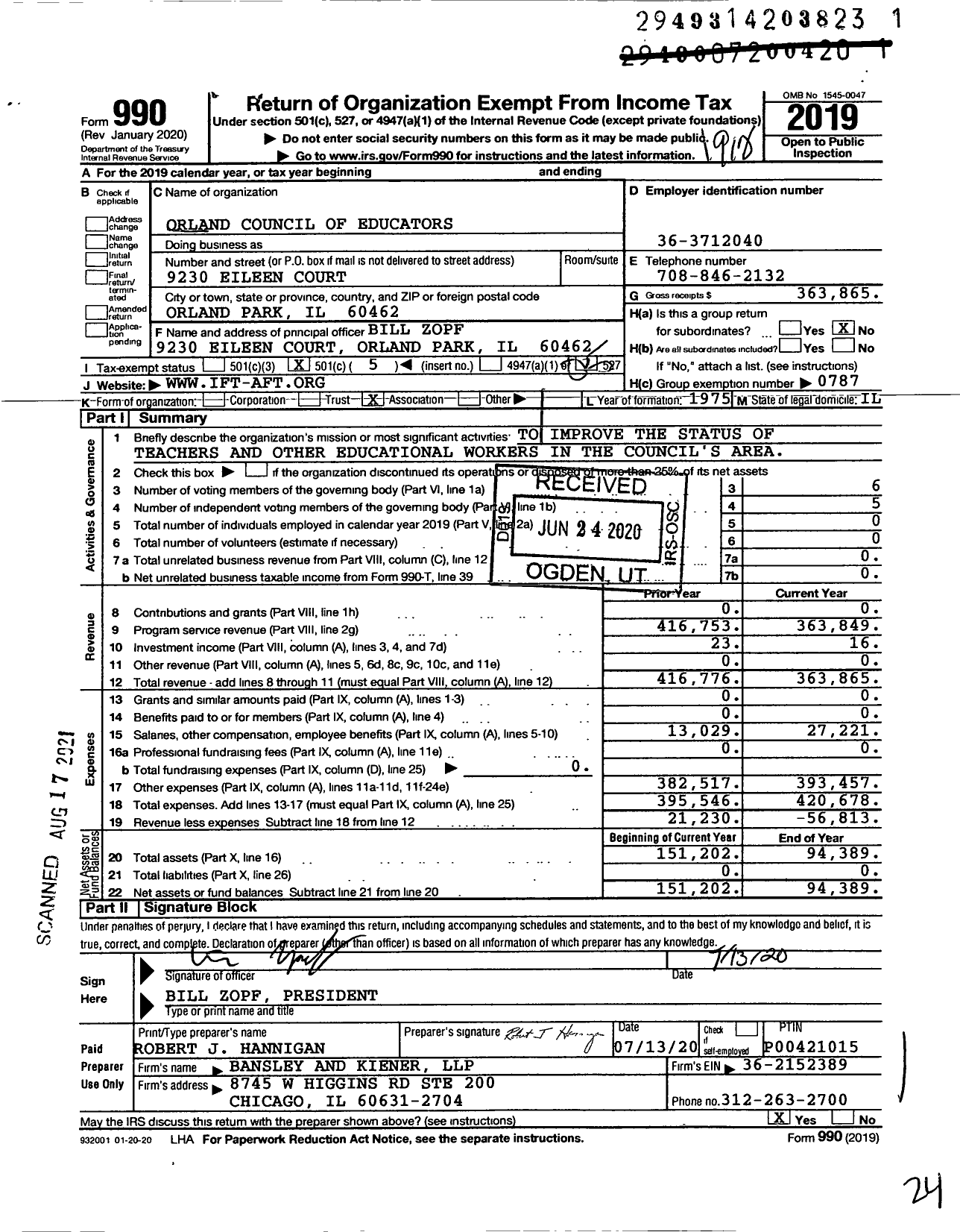 Image of first page of 2019 Form 990O for American Federation of Teachers - 943 Orland Council of Educators