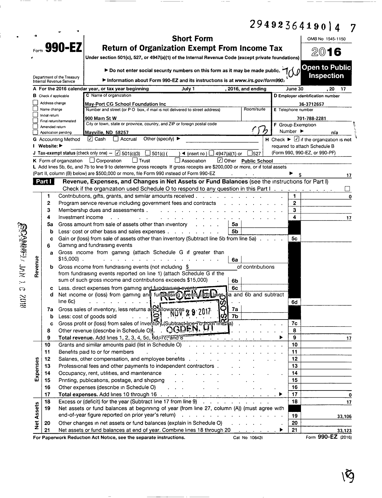 Image of first page of 2016 Form 990EZ for May-Port CG School Foundation