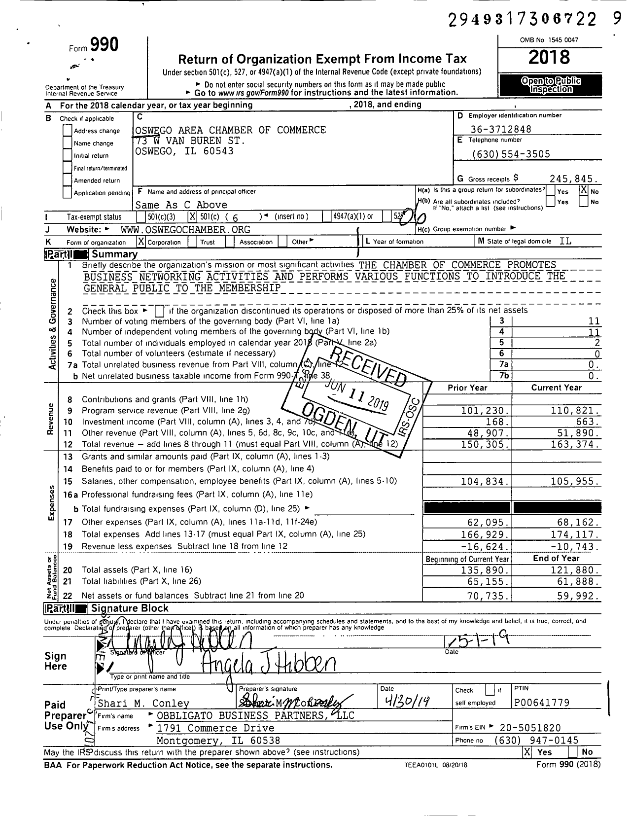 Image of first page of 2018 Form 990O for Oswego Area Chamber of Commerce