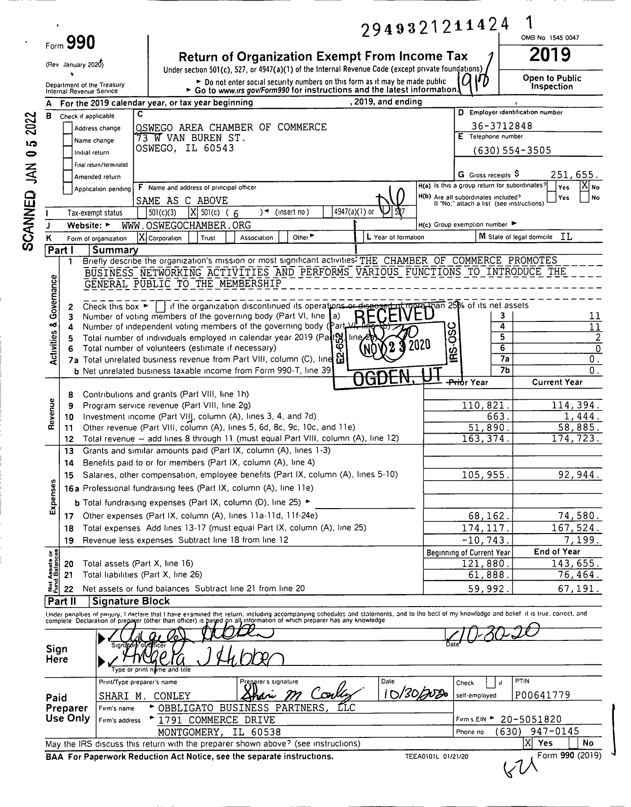 Image of first page of 2019 Form 990O for Oswego Area Chamber of Commerce