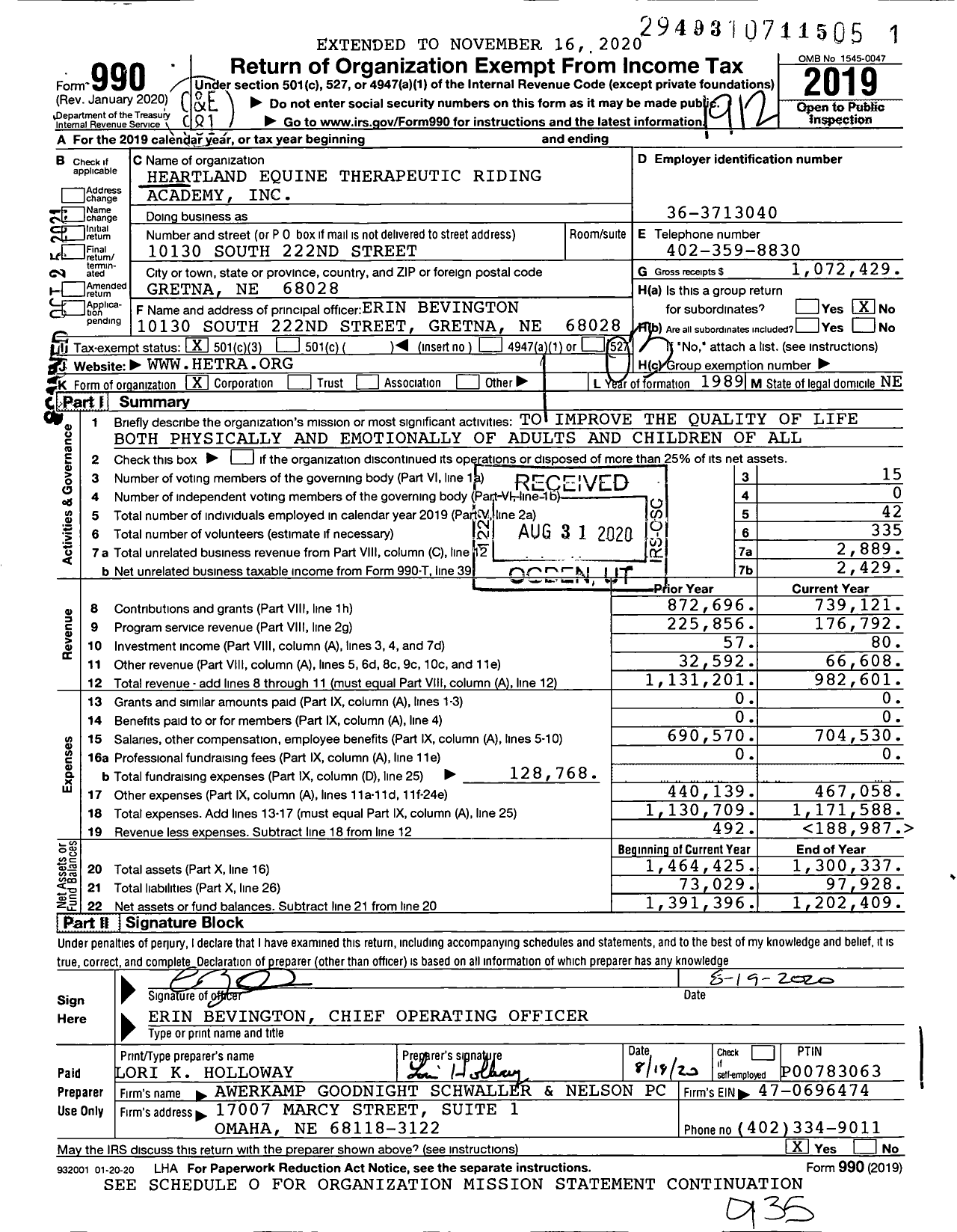 Image of first page of 2019 Form 990 for Heartland Equine Therapeutic Riding Academy