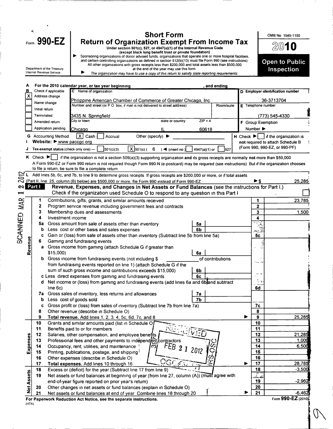 Image of first page of 2010 Form 990EO for Philippine Chamber of Commerce of Chicago