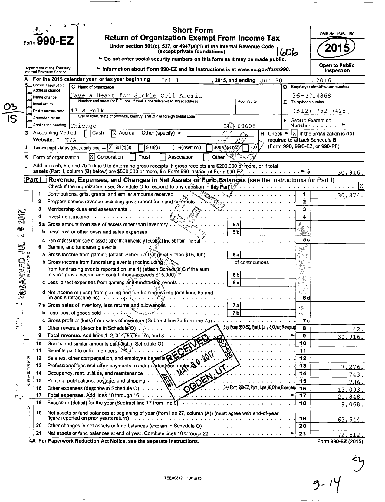 Image of first page of 2015 Form 990EZ for Have a Heart for Sickle Cell Anemia