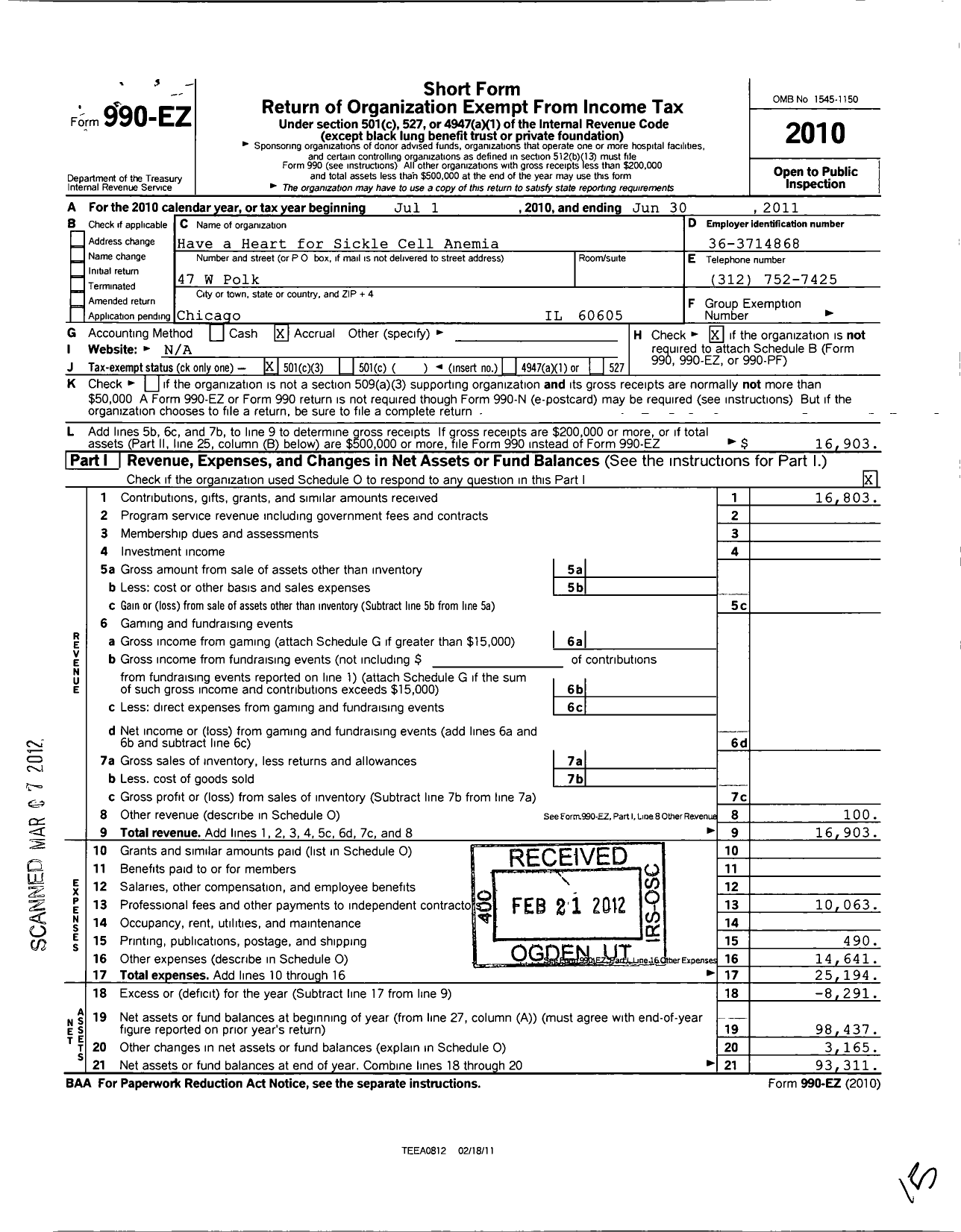 Image of first page of 2010 Form 990EZ for Have a Heart for Sickle Cell Anemia