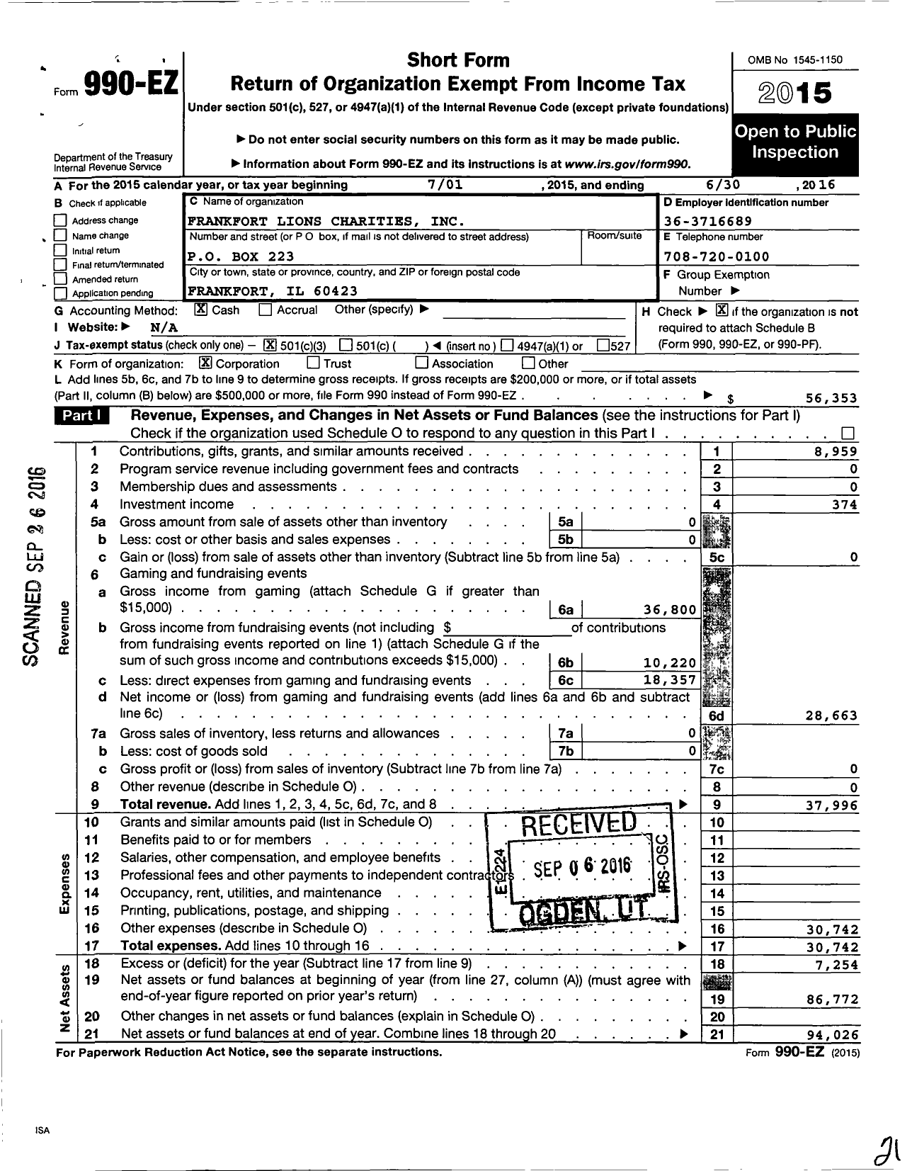 Image of first page of 2015 Form 990EZ for Frankfort Lions Charities