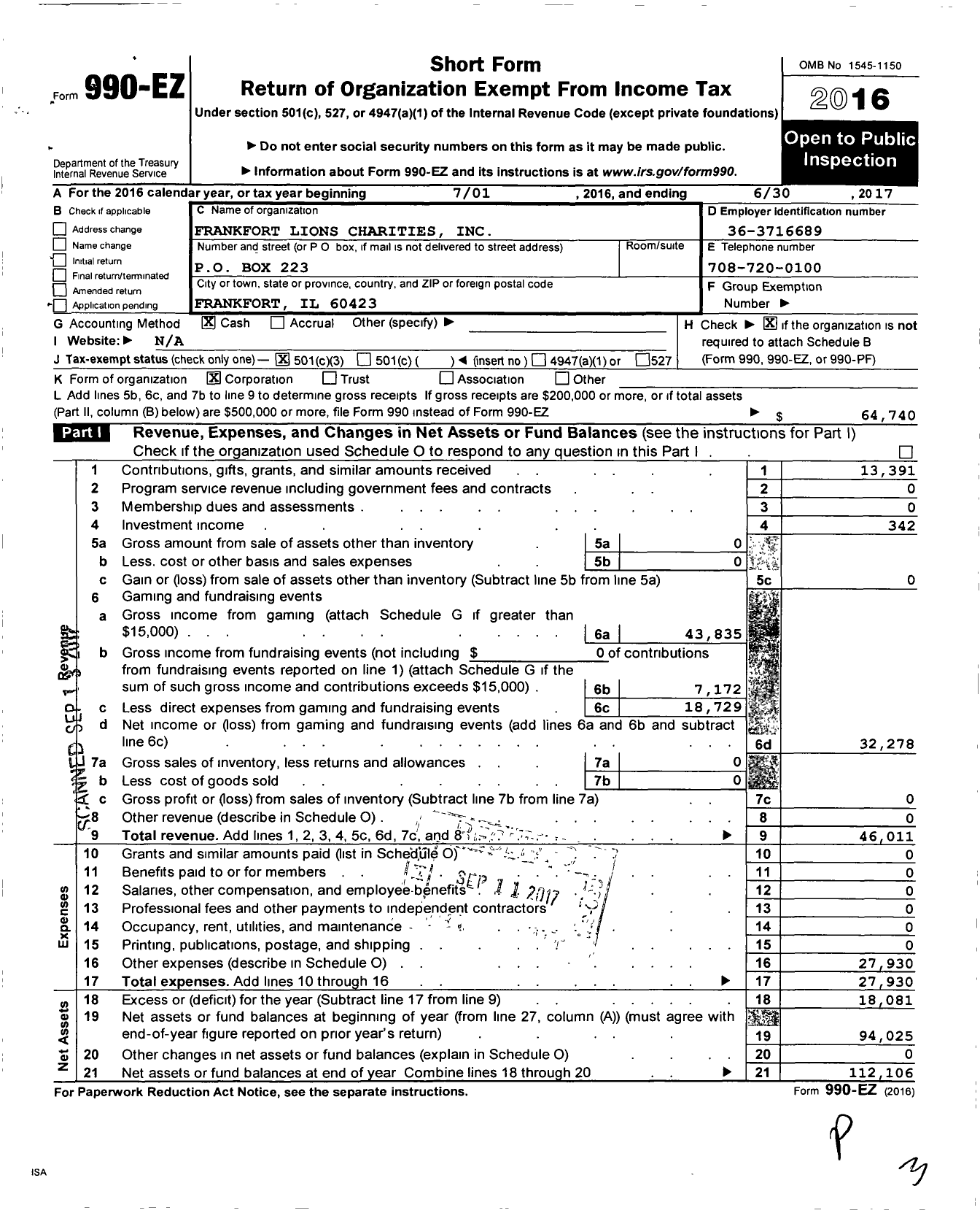 Image of first page of 2016 Form 990EZ for Frankfort Lions Charities