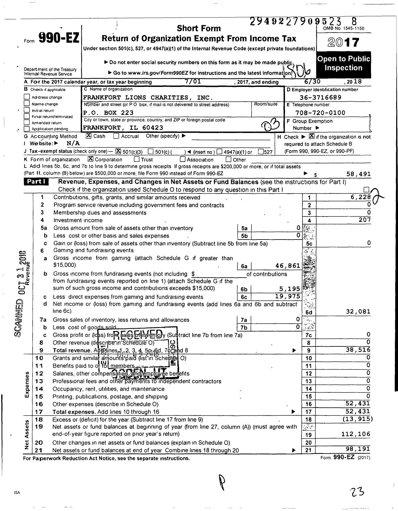 Image of first page of 2017 Form 990EZ for Frankfort Lions Charities